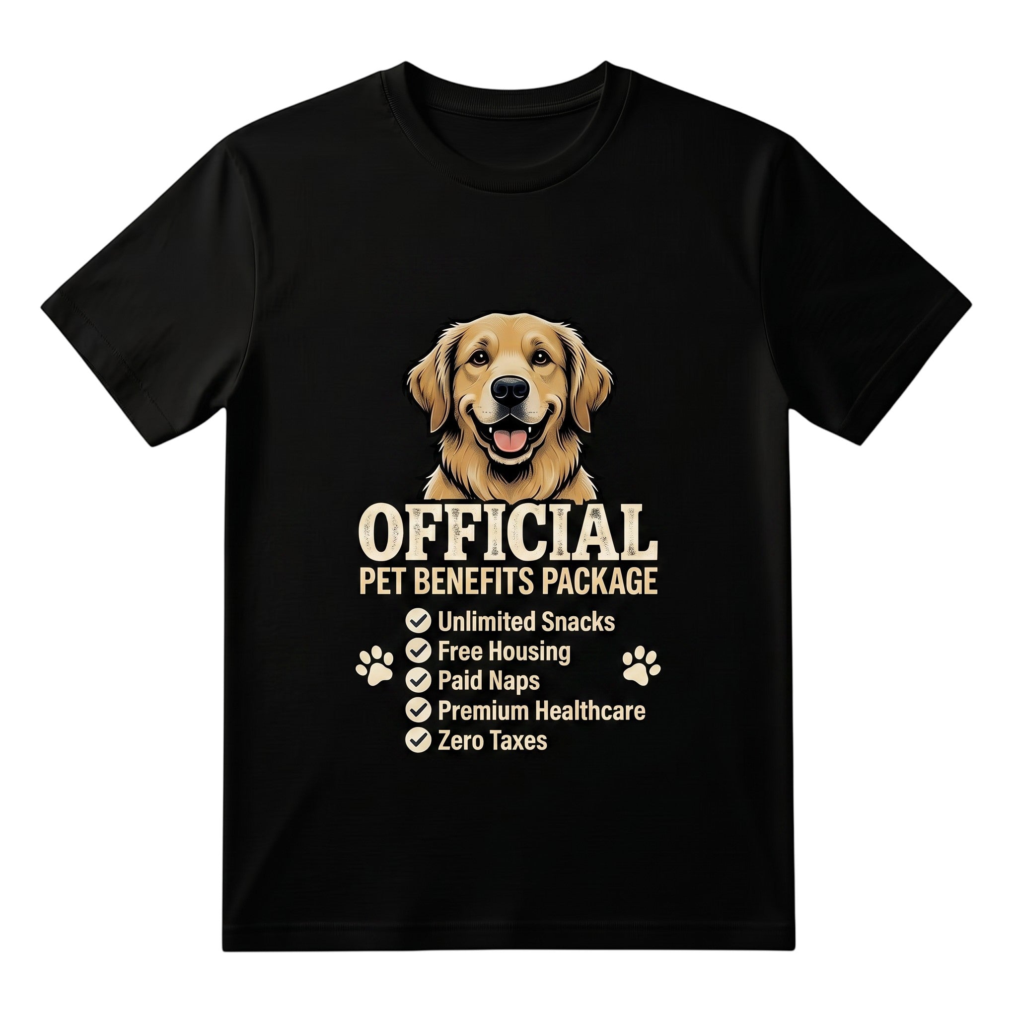 TrendyShift.Com black cotton unisex t-shirt featuring a golden retriever and Official Pet Benefits Package graphic.