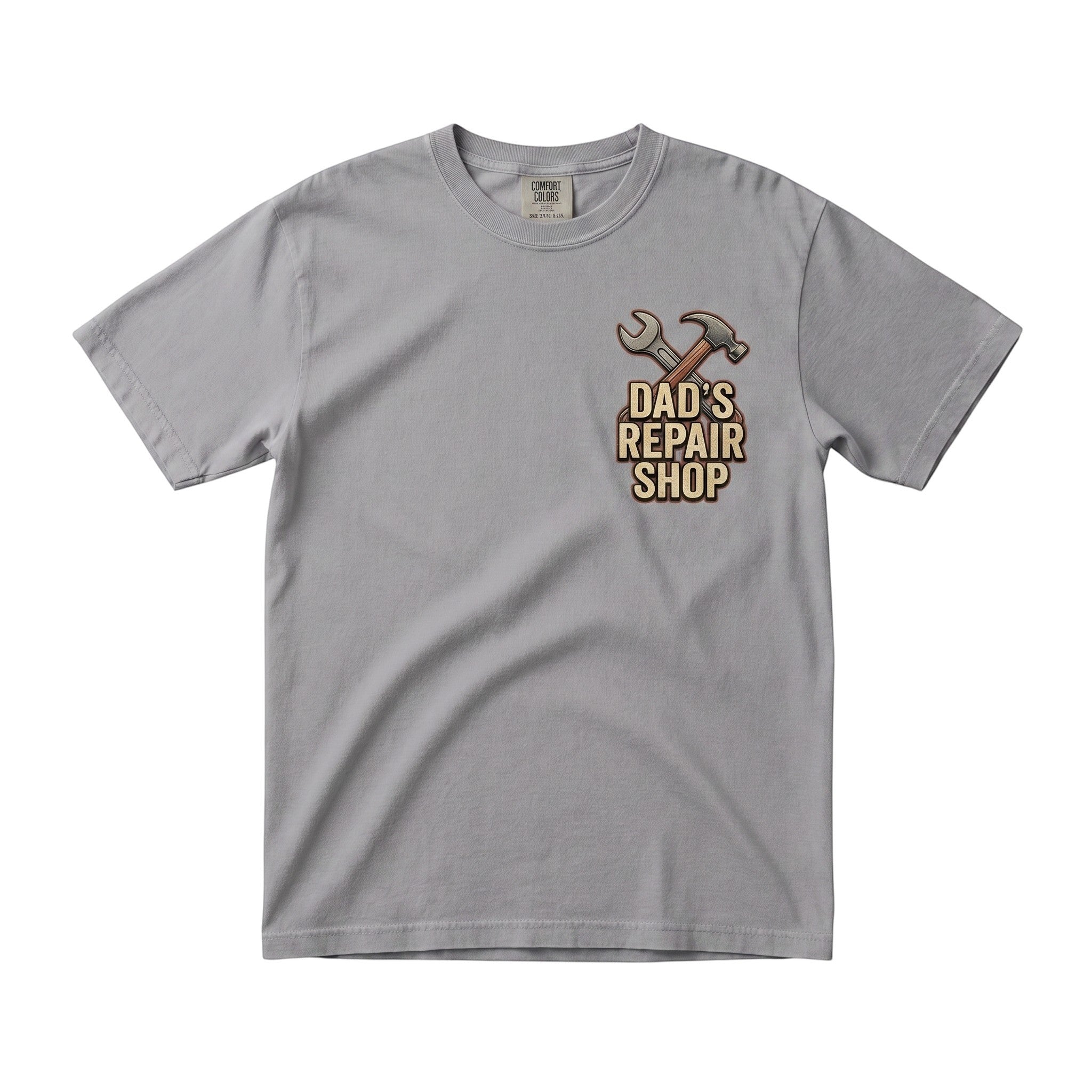 TrendyShift.Com grey crew neck t-shirt featuring a Dad's Repair Shop graphic with a hammer and wrench on the chest.