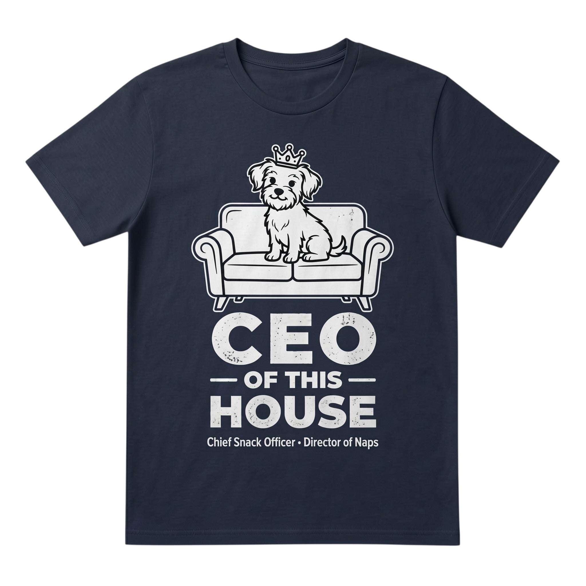 TrendyShift.Com navy blue unisex cotton t-shirt featuring a dog wearing a crown on a couch with CEO of this House text