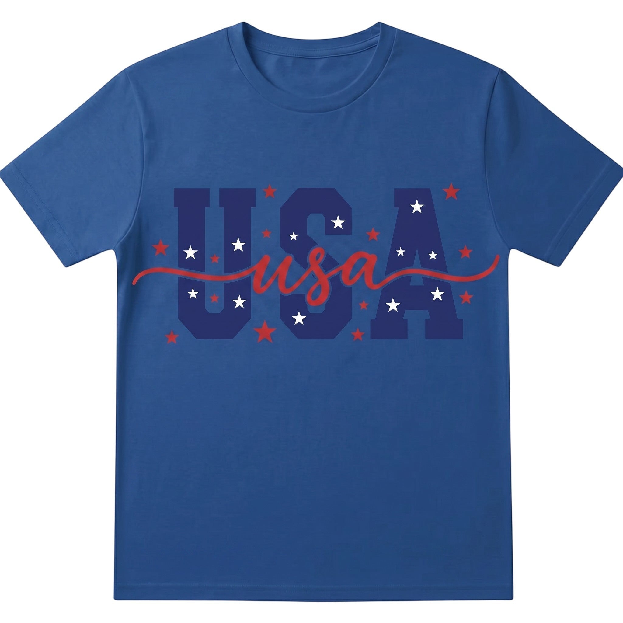 TrendyShift.Com unisex blue cotton t-shirt with patriotic USA typography and red and white star graphic design